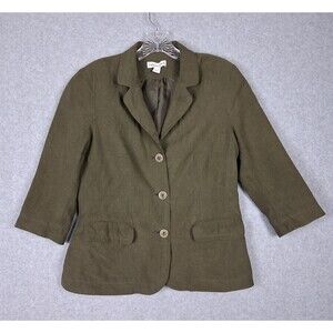 Coldwater Creek Womens Blazer 10 Silk Linen Green Forest Earthy Cottage Boho